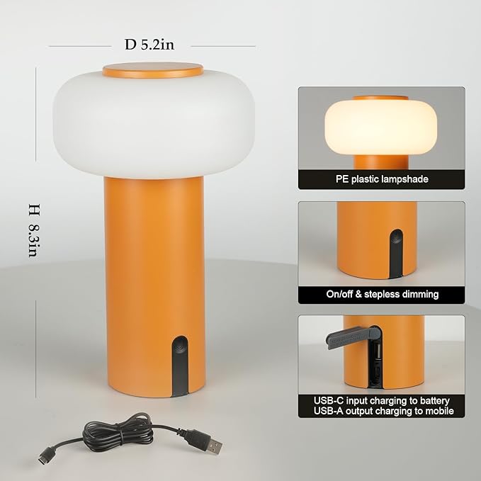 Shower Lamp Waterproof, Outdoor Cordless Table Lamp Rechargeable, Portable Battery Operated Light, Touch Dimmable Night Light for Bedroom/Patio/Dinning/Camping (Orange)
