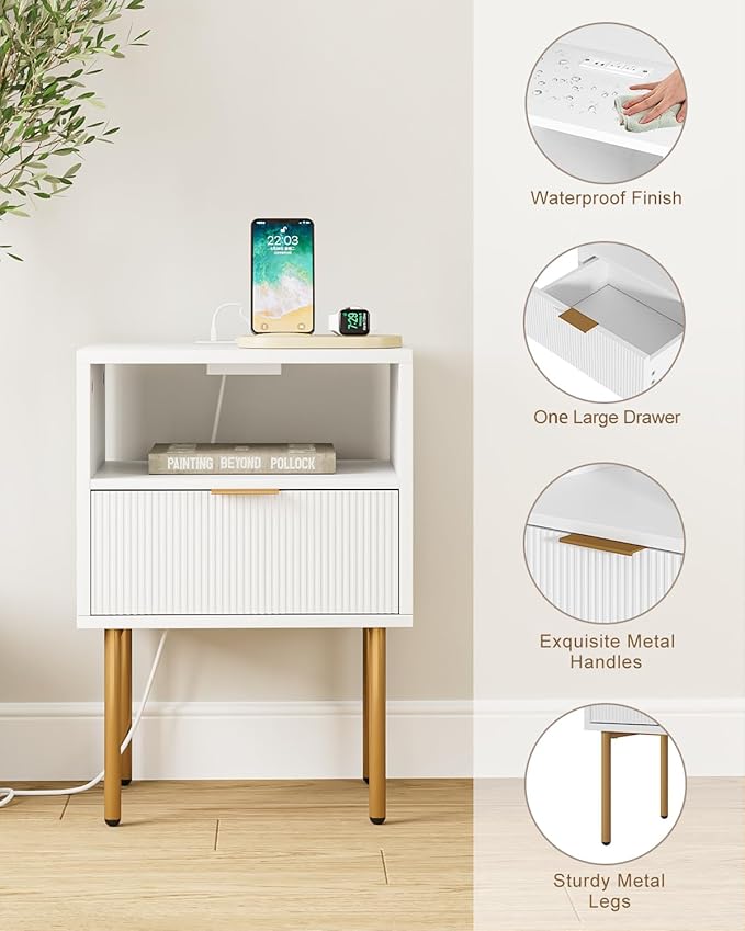 Nightstand with Charging Station,Morden Bedside Table with Gold Frame,Small White Night Stand,End Table,Bedside Furniture,Side Table with Drawer and Shelf for Bedroom,Living Room
