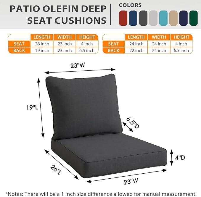 Sundale Outdoor Olefin Deep Seat Cushion Set of 2, Patio Chair Cushion and Pillow, Water-Resistant Sectional Sofa Pad with Straps Dark Gray, 23 x 26 x 4 Inches