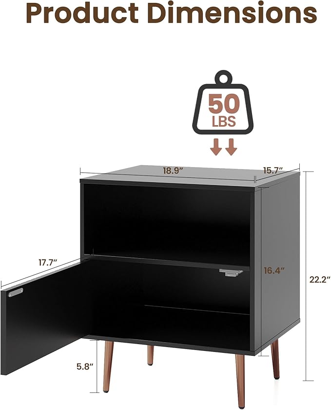 Black Night Stand Set 2,Modern Bedside Table with Door and Open Storage,Fluted Nightstand and Wood End Side Table with Rose Gold Metal Legs and Handles for Bedroom,Living Room,Black
