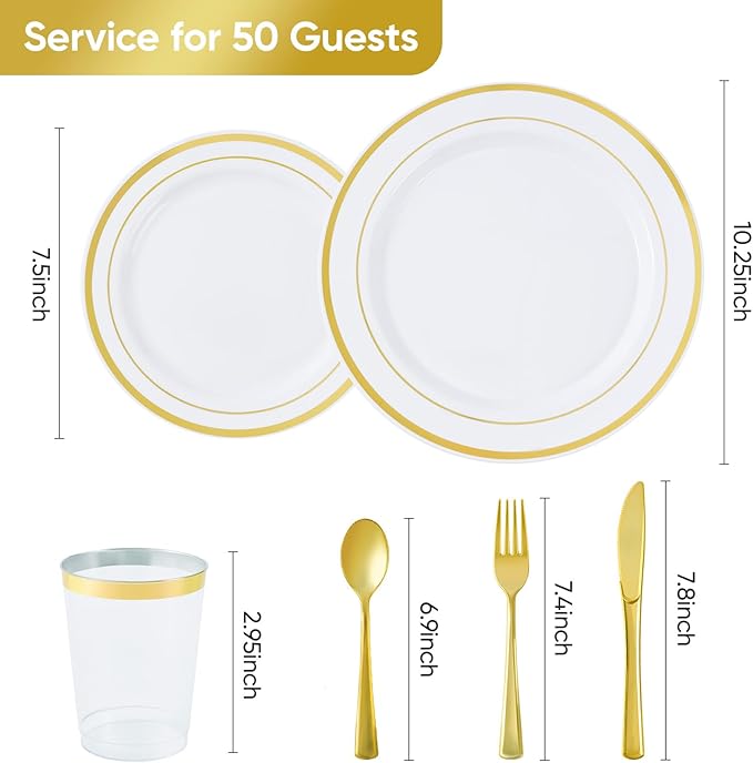 350 Pieces Gold Disposable Plates for 50 Guests, Disposable Plastic Plates for Party, Wedding, Dinnerware Set of 50 Dinner Plates, 50 Salad Plates,50 Cups and 50 Paper Napkins, Gold