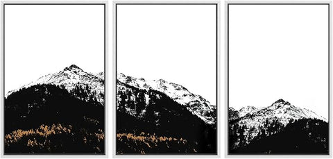 SIGNWIN 3 Piece Framed Canvas Wall Art Black and White Mountain Tops Photo Nature Wilderness Illustrations Abstract Traditional Home Artwork Decoration for Living Room,Bedroom - 24"x36"x3 White