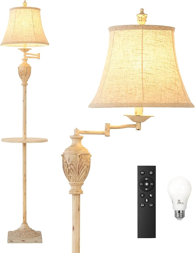 Traditional LED Floor Lamp with 350° Adjustable Swing Arm Lamp – Vintage Standing Pole lamp for Living Room, Bedroom and Office – Rustic Upright Floor Light for Home Décor with Silk Fabric Shade