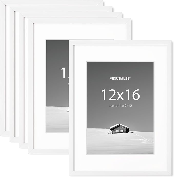 12x16 inch Picture Frame, 12x16 Photo Frames with 8.5x11 Removable Mat - High Definition Plexiglass - Vertical and Horizontal Display - Wall Hanging Frame - White, 5 Pack