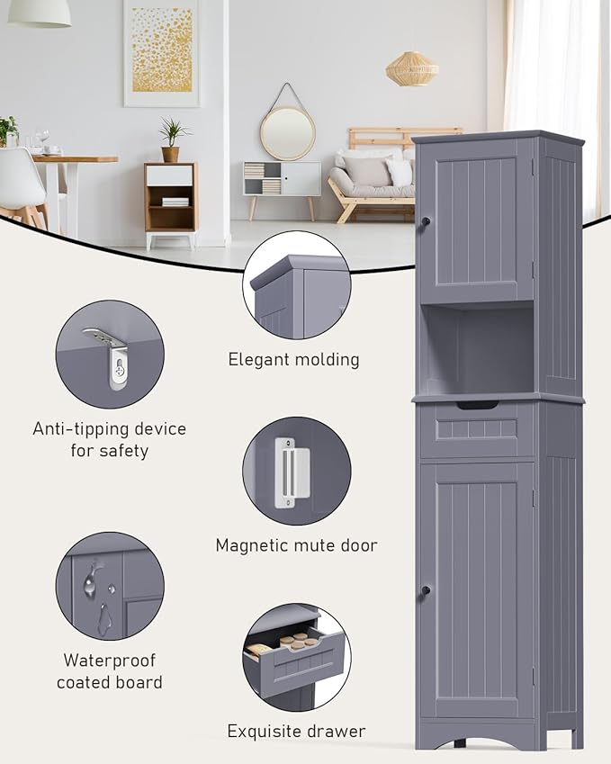 Gizoon 67" H Tall Bathroom Cabinet, Storage Cabinet with 2 Doors & Drawer, Narrow Linen Tower Freestanding Adjustable Shelves for Home, Kitchen, Versatile, Anti-Tipping, Grey