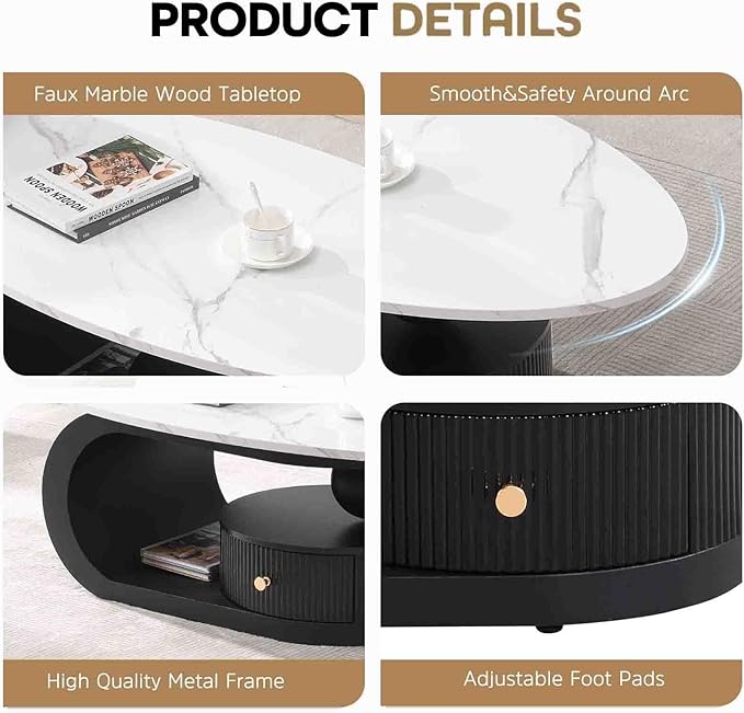 Marble Nesting Coffee Table Set of 2,Modern Oval Center Tea Table and Round Side Nightstand Set w/Drawer andFaux Marble Top and Metal Frame for Living Room Accent Furniture (Black White)