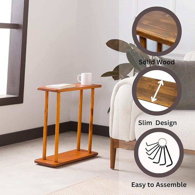 Rectangular Solid Wood Narrow Side Table, Skinny Bedside Table, Small End Table (Chestnut, Large)