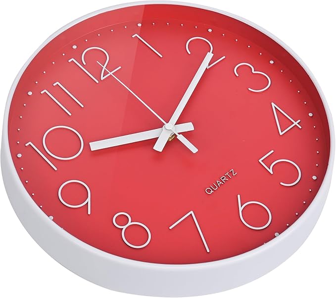 Wall Clock 12 Inch Silent Non-Ticking Battery Operated Modern Wall Clock for Home Living Room Decor (Red)