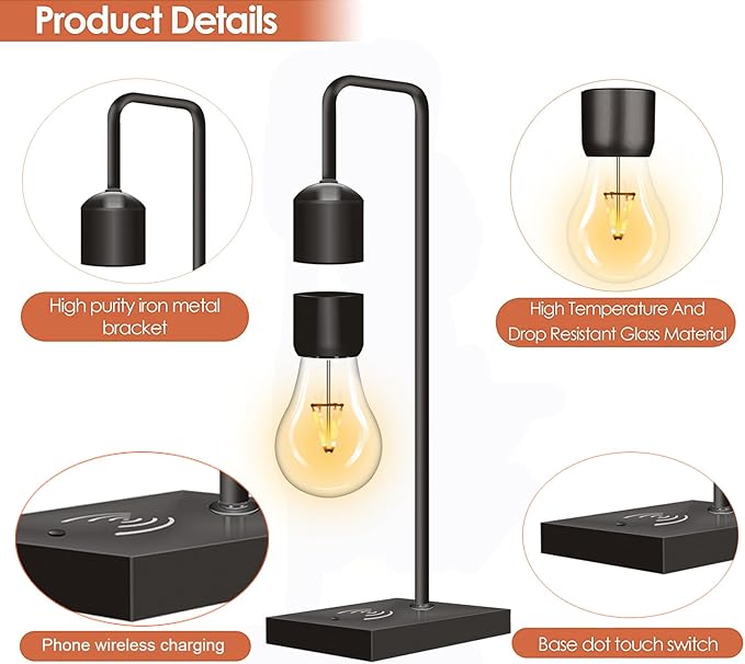 Magnetic Levitating 3 Colors Bulb Lamp with Wireless Charging Pad Levitation Floating Table Lamp LED Night Light for Bedroom Decoration Desk Toy Office Decor Christmas Gift