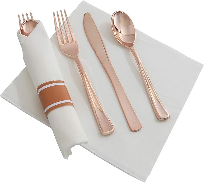 Supernal Set of 30packs,Rose Gold Plastic Silverware, Pre Rolled Napkin with Cutlery, Disposable Silverware with Rose Gold Linen Napkin, Wrapped Plastic Silverware Set Suit for Party,Wedding