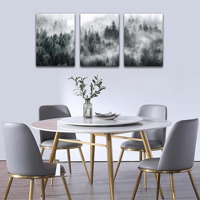 DZRWUBHS 3 Pieces Wall Decor Living Room Canvas Wall Art For Bedroom Office Decoration Foggy Forest Trees Scenery Wall Painting Landscape Wall Pictures Prints Artworks Ready To Hang Room Home Decor