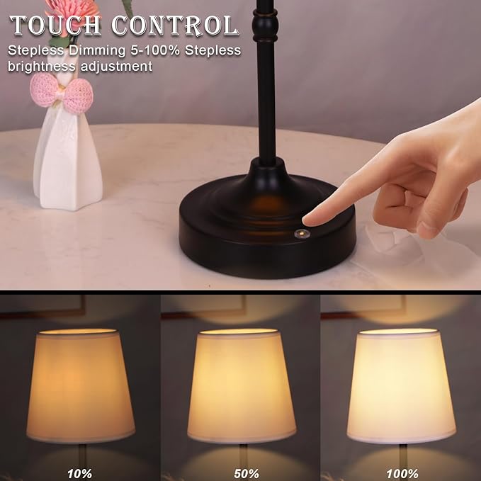 Rechargeable Battery Powered Table Lamp, Wireless LED Lamps, Cordless Touch Lamps, Stepless Dimmable Bedside Lamps, Night Lamp for Bedroom, Dinning Room, Kitchen Decor, Office (Black)