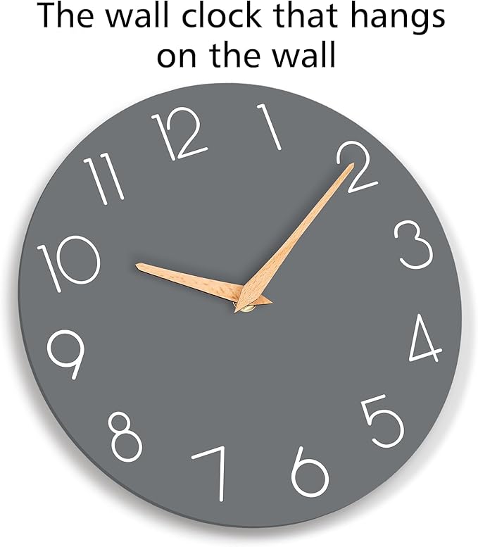 Wall Clock, 10 Inch Wooden Silent Non-Ticking, Decorative Battery Operated Wall Clocks for Bedroom, Kitchen, Home, Living Room, Office, School, Hotel (Gray)