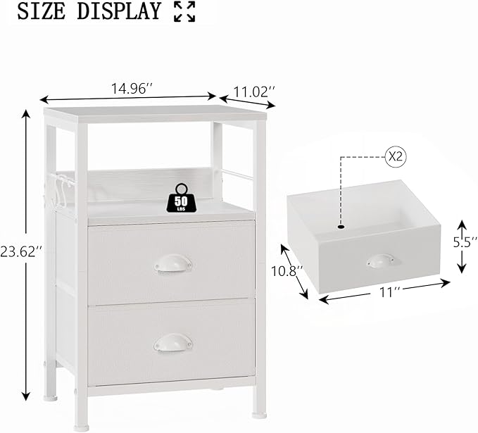 Furologee Nightstand with 2 Fabric Drawers, White Bedside Table with 2-Tier Shelf, Side Table with Hooks and Wood Top for Bedroom/Living Room/Hallway/White