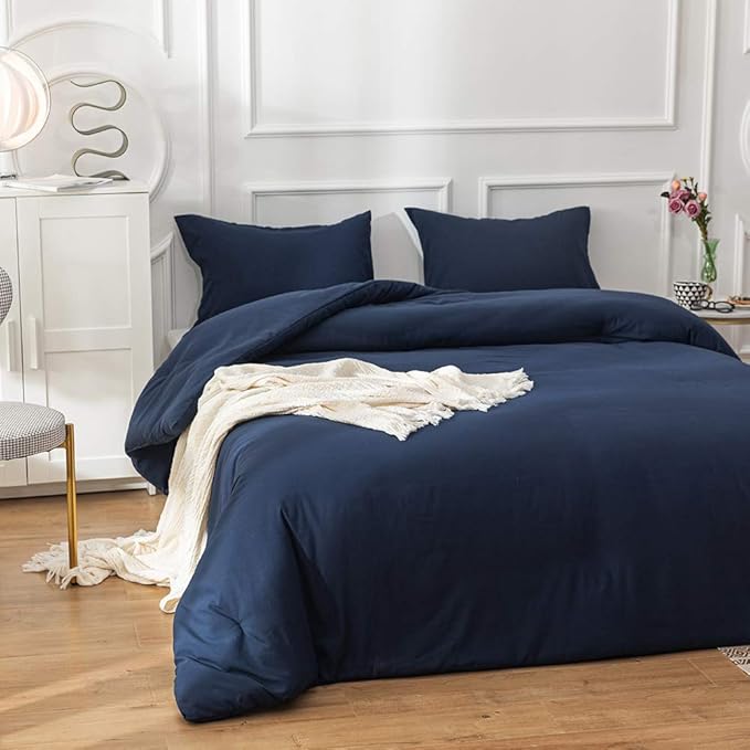 CLOTHKNOW Navy Blue Full Size Comforter Sets 3Pcs Dark Blue Bedding Comforter Sets Women Men Comforter Soft Comforter with 2 x Pillow Cases