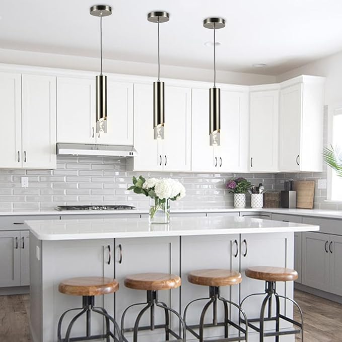 Pendant Light Fixture, Bubble Acrylic Pendant Lights Kitchen Island, 1 Light Dimmable Brushed Nickel Cylinder Pendant Island Hanging Light for Dining Room, 3000K