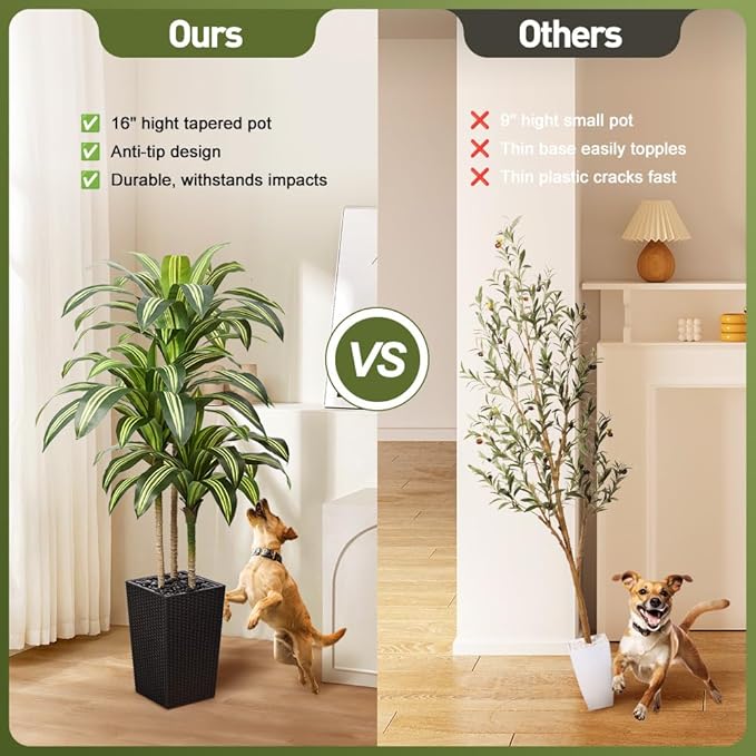 Artificial Dracaena Tree 5FT - UV Resistant Faux Tree with Large Taper Planter & Pebbles - Tall Fake Plants Indoor & Outdoor, Potted Floor Plant for Home Living Room Porch Decor, VN127