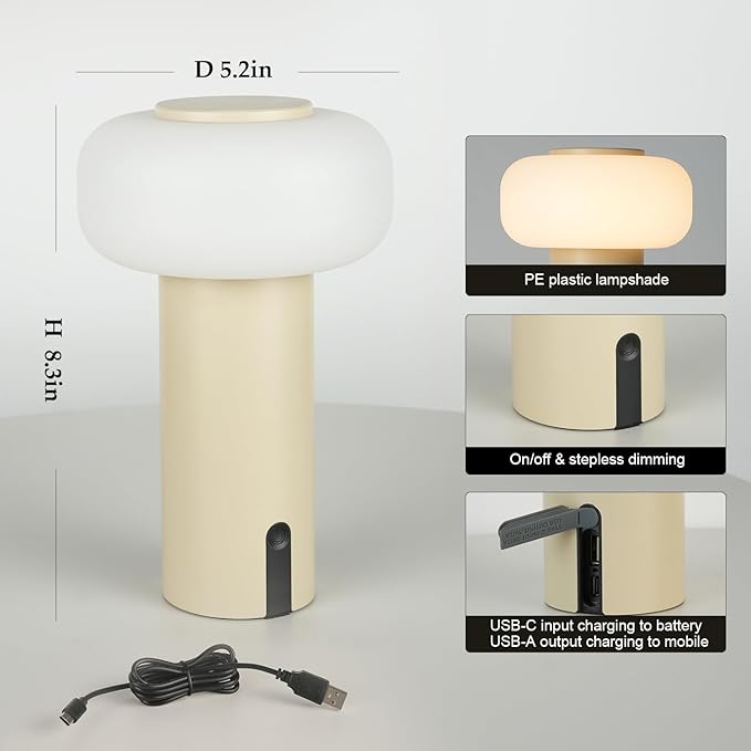 Shower Lamp Waterproof, Outdoor Cordless Table Lamp Rechargeable, Portable Battery Operated Lamp, Touch Dimmable Night Light for Bedroom/Patio/Dinning/Camping (Khaki)