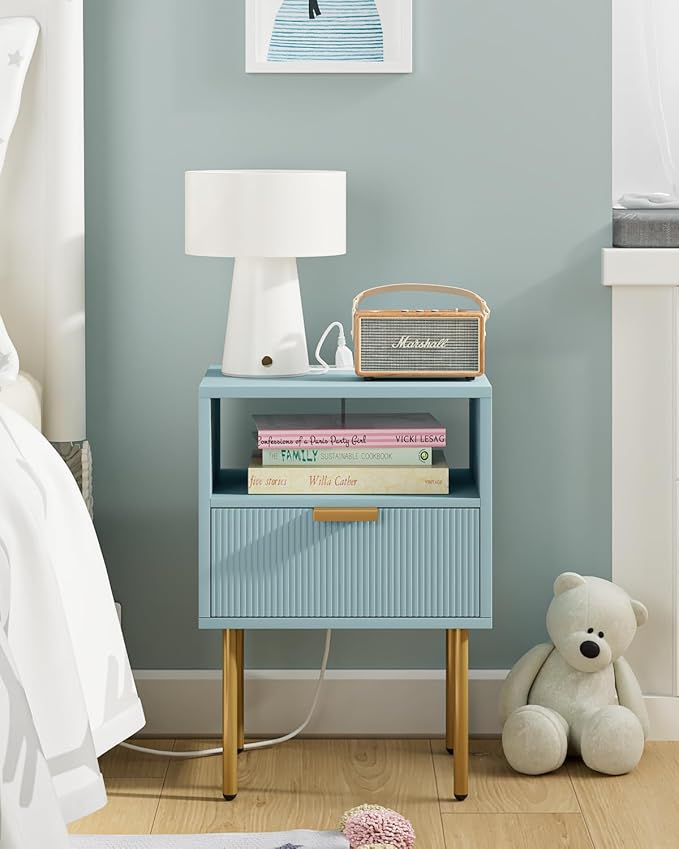 Nightstand,Morden Bedside Table with Gold Frame,Small White Night Stand,End Table,Bedside Furniture,Side Table with Drawer and Shelf for Bedroom,Living Room (1Drawer, Blue-Outlet)
