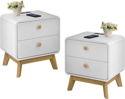 Aries Set of 2 Nightstands with Charging Station, 2 Drawer Bedside Tables with Storage, Night Stands for Bedroom, End Table or Side Table for Living Room, 15.7" x 18.9" x 21.7", White