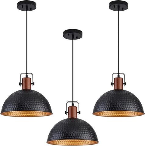 12 Inch Black Pendant Lights Hammered Matte Pendant Lights for Kitchen Island Industrial Farmhouse Adjustable Height Dome Hanging Light Fixtures for Barn, Dining Room 3 Packs