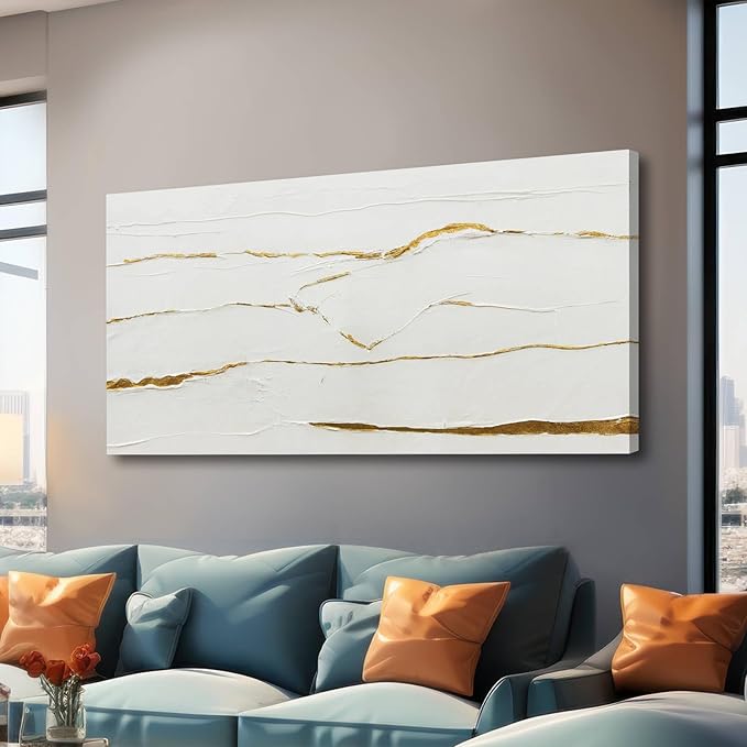 WINKAILIN Modern Artwork White Painting Abstract Wall Art for Dining Room Gold Foil Picture Big Painting for Living Room 29"x 58" Entryway Wall Decor