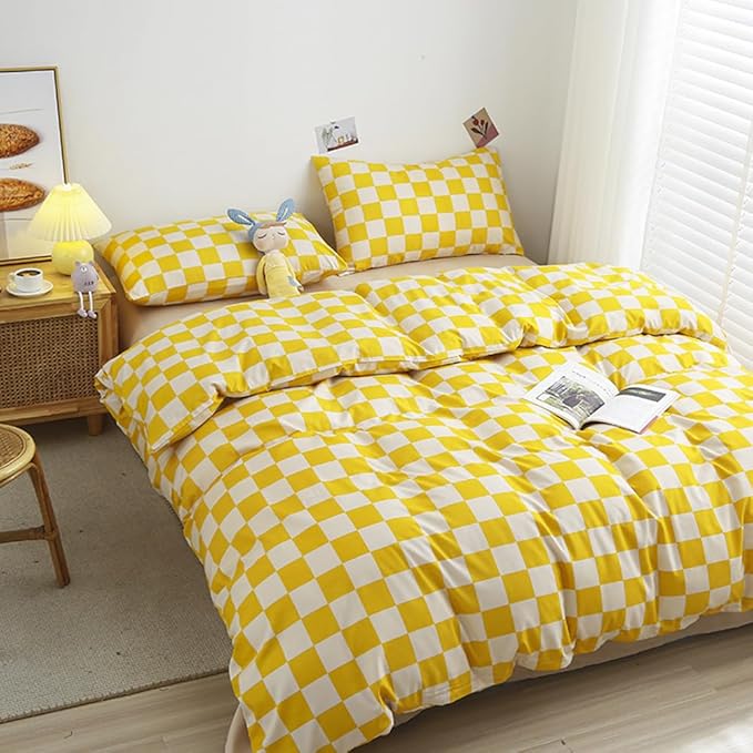CLOTHKNOW Plaid Queen Comforter Set Yellow White Grid Bedding Comforter Sets Checker Queen Comforter Light Yellow Queen Size Comforter Sets