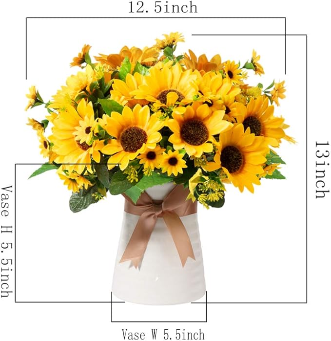 Artificial Flowers with Ceramics Vase for Fall Decoration, 5 Pcs Sunflowers Fake Silk Flower Arrangements ,Faux Floral Centerpieces for Tables Dinning Room Office Tabletop Home Decor(Ripple Vase)