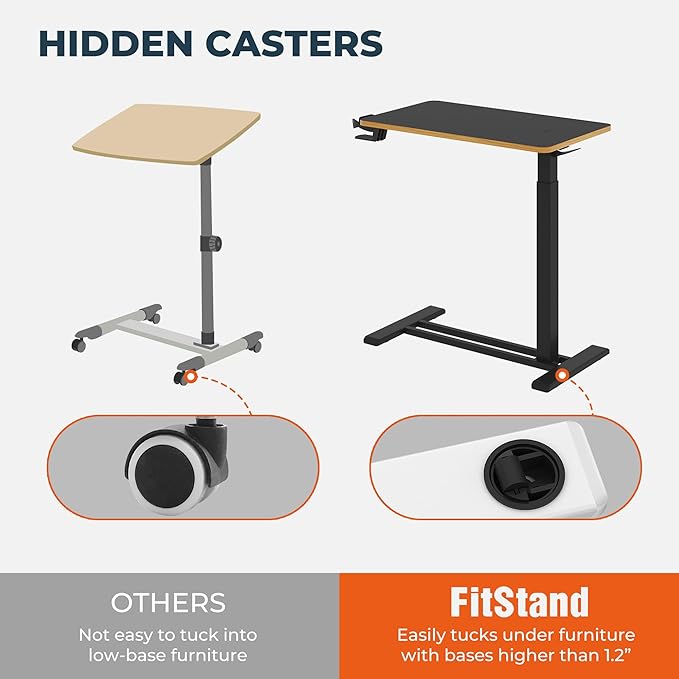 Medical Overbed Adjustable Bedside Table with Hidden Casters, Pneumatic Mobile Rolling Laptop Standing Desk with Tray for Home and Hospital Use, Black