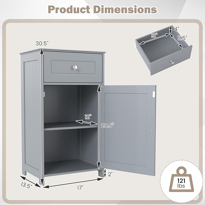 Tangkula Small Bathroom Cabinet for Small Spaces, Freestanding Single Door Storage with Adjustable Shelf, Anti-Tipping Device, Smooth Drawer, Floor Cabinet for Bathroom & Living Room (Gray)