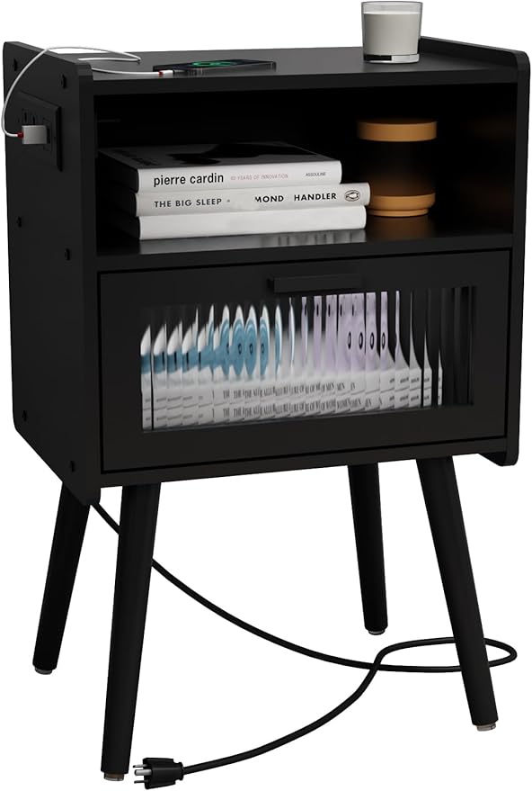Mid Century Modern Nightstand with Charging Station, Bedside Tables with Glass Drawer, End Table Side Table with 2 Tiers Storage Space, for Bedroom, Living Room, Black