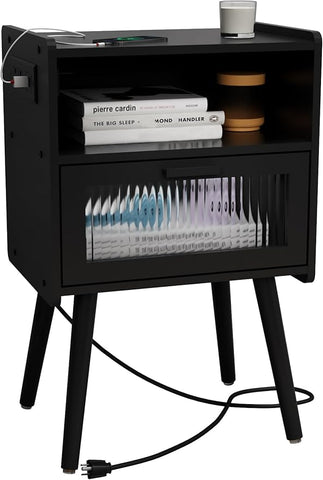 Mid Century Modern Nightstand with Charging Station, Bedside Tables with Glass Drawer, End Table Side Table with 2 Tiers Storage Space, for Bedroom, Living Room, Black