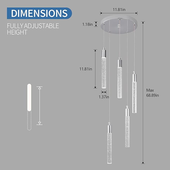 Modern Light Fixture Kitchen Island Pendant Light Dimmable LED Chrome Pendant Lights Mini Crystal Pendant Lighting for Bedroom Dining Room Living Room（5-Light ）