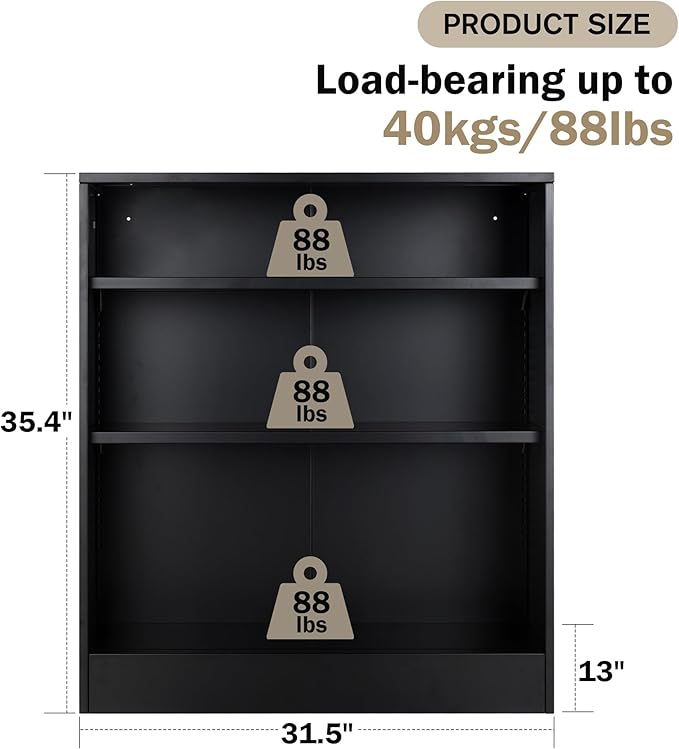 Metal Bookcase with Back Panel, 3 Tier Open Shelf Bookcase with Adjustable Shelves, 31.5 Wide Storage Cabinet Sturdy Steel Cube Shelf Organizer, Free Standing Display Unit