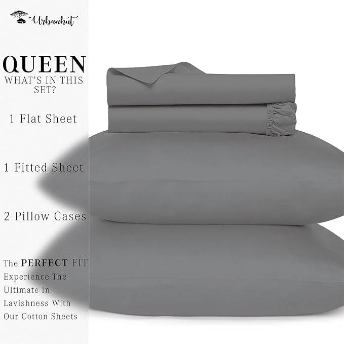 URBANHUT 700 Thread Count Egyptian Cotton Sheets Queen Size, 4Pc Sheet Set Soft Luxury Bed Sheets for Queen Size Bed, Sateen Weave Hotel Sheets, 16'' Elasticized Deep Pocket - Dark Grey
