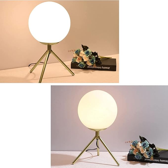 BOKT Mid Century Modern Table Lamp - Gold Glass Globe Desk Reading Lamp - Contemporary Minimalist Brushed Brass Bedside Desk Nightstand Industrial Vintage Bedside Table Light