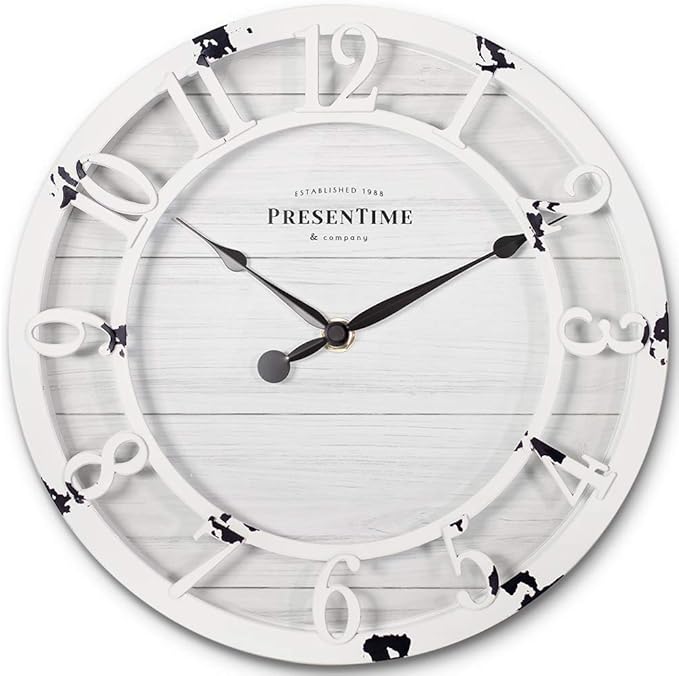 Presentime & Co 10" Farmhouse Series Wall Clock, Shiplap Style, Raised 3D Arabic Numeral, Antique Distressed White