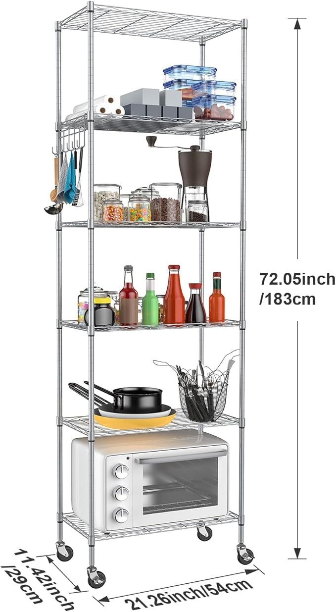 Homdox 6-Tier Storage Shelf Wire Shelving Unit Free Standing Rack Organization with Caster Wheels, Stainless Side Hooks, Silver Gray