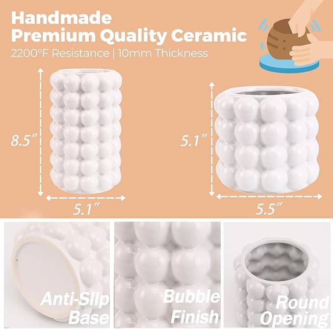 Bubble Vases, Set of 2 White Ceramic Vases, Short Vases, Ceramic Flower Vases, Unique Vases, Tall Bubble Vases for Coffe Table Decor, Decorative Vases for Living Room, Dining Table, Wedding