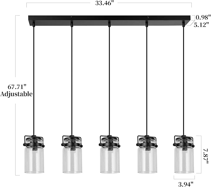 Pendant Light Kitchen Island Lighting, 5-Light Pendant Ceiling Light Fixture, 67.71 inches Hanging with Clear Glass Shade,Farmhouse Chandeliers for Dining Room Bedroom Hallway - Black