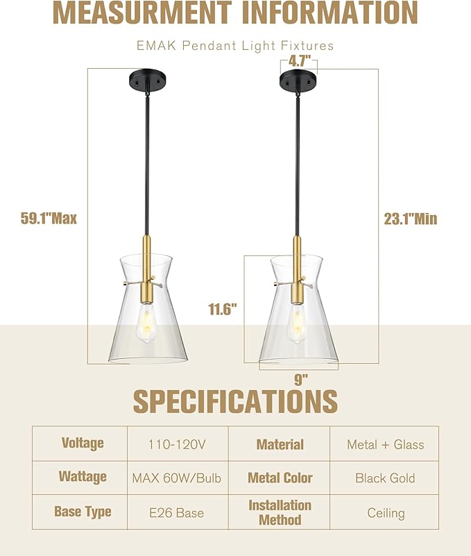 Emak Black and Gold Pendant Light Fixtures, 9 Inch Clear Glass Pendant Lights Kitchen Island, Modern Farmhouse Large Hanging Lights for for Kitchen, Dining Room, Bathroom, PL130-BKBGD-CG