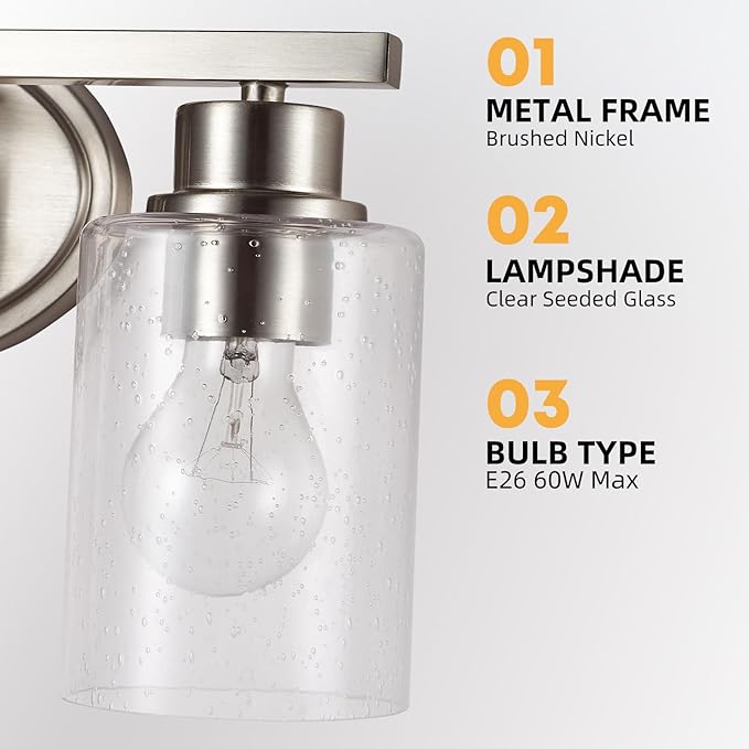 Bathroom Vanity Light Fixtures Over Mirror, Seeded Glass Bathroom Vanity Light, 3 Light Brushed Nickel Bathroom Light Fixtures with Clear Glass, Modern Rustproof Vanity Light Wall Mount