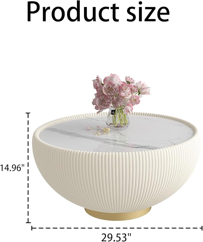 29.53" Round Coffee Table Luxury Cup Shape Leather Coffee Tables, Circle Sofa Center Table PU Leather, Modern White Marble Top Drum Bowl Cocktail Tables for Living Room Bedroom Apartment