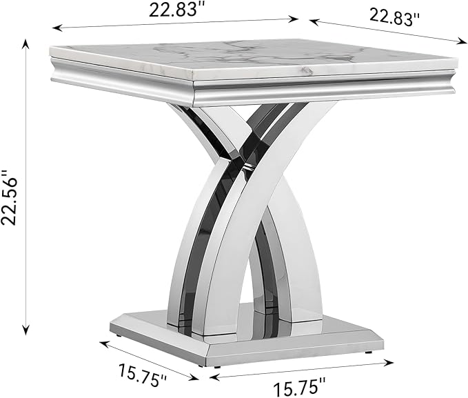 Modern Marble End Table, White and Silver Side Table with X Stainless Steel Base, Luxury Faux Marble Top Accent Bed Side Table Sofa Table for Living Room, Bedroom