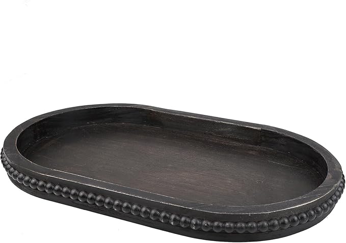 Vintage Black Oval Wood Decorative Ottoman Tray for Coffee Table Kitchen Counter, Living Room, Handcrafted Wooden Serving Tray for Table Centerpiece