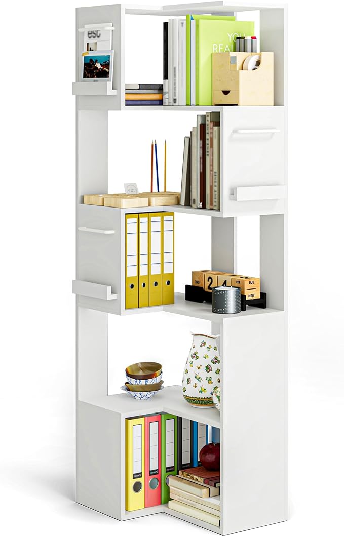 PPAMAPIC 5 Tier Corner Bookshelf, 63" Tall L Shaped Bookcase, Corner Cabinet, Wood Grain Shelf Display Rack for Kitchen, Bedroom, Living Room (White)
