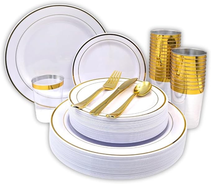 Tableware Dinnerware Set, Premium Heavyweight, Reusable or Disposable Party Plates, Includes Dinner Plate, Dessert Plate, Cutlery, and Cup (Gold, 150-Piece Set, Serves 25 Guests)