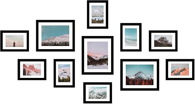 WOOD MEETS COLOR Wall Photo Frames, Including White Picture Mats and Installation Instruction, Set of 11 Collage Frames, 3-8x10 Inches, 8-5x7 Inches (Black)
