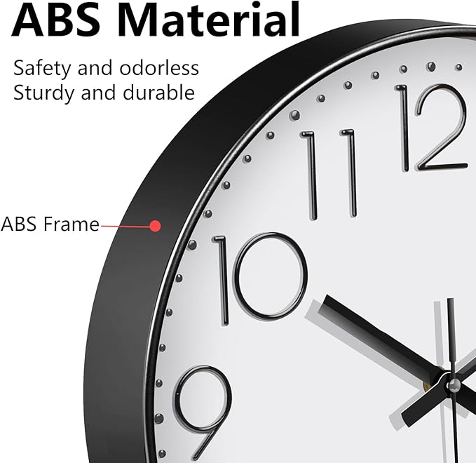 Modern Silent Wall Clock - 12 Inch Wall Clocks Battery Operated Large Number, Non-Ticking Analog Clock with Tempered Glass Quartz Clocks for Living Room Bedroom Office Kitchen, White Black