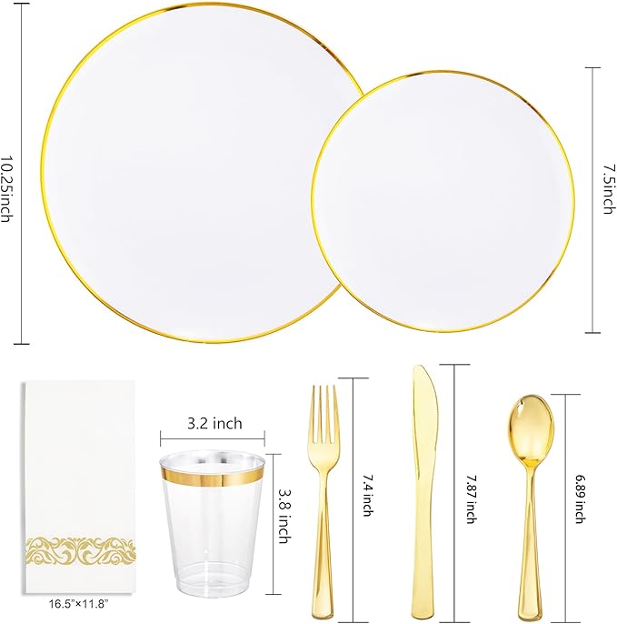 Supernal 350pcs White and Gold Plastic Plates,Gold Plastic Dinnerware for 50 Guests Include 100 White Disposable Plate, 150 Gold Silverware Set, 50 Disposable Cups, 50 Napkins